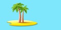 Tropical island, 3d vector of two plams on piece of land on blue modern backdrop