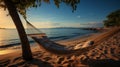 Tropical island getaway. hammock, palm tree, and sea views for ultimate relaxation and tranquility Royalty Free Stock Photo