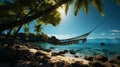 Tropical island getaway. palm tree, hammock, relaxing sea view vacation destination Royalty Free Stock Photo