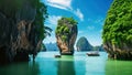 Tropical island in Ha Long bay, Vietnam, Asia, Amazed nature scenic landscape of James Bond Island with a boat for a traveler in