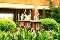 Hainan, China - June 29, 2018: Elephant-shaped fountains with raised trunks from which water flows at the main entrance of the Kim