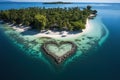 Tropical island heart shape aerial top to down view, turquoise paradise lagoon illustration generative ai