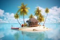 Tropical island with hut and palms surrounded sea blue water, generative AI Royalty Free Stock Photo