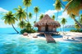 Tropical island with hut and palms surrounded sea blue water, generative AI Royalty Free Stock Photo