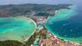 Tropical island with lagoons. Boats and ships in the ocean. Phi Phi. Aerial view. Drone photo. Thailand Royalty Free Stock Photo