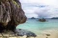 Tropical island landscape with bangca traditional phillipinians boats with tourists, Entalula, island, Palawan