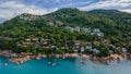 Tropical island landscape with beach, trees and hills near ocean in Thailand. Koh Samui. Asia. Drone. Royalty Free Stock Photo