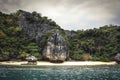 Tropical island landscape cliff rock and palm trees on tropical beach and turquoise sea in vintage color Royalty Free Stock Photo