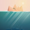 Tropical island landscape vector background with underwater space. Sunset scene of travel paradise.