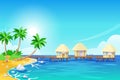 Tropical island landscape, vector illustration. Palms and bungalows in the ocean. Summer travel cartoon background.