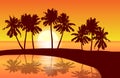 Tropical island landscape vector with palm trees in orange sunset reflected in a lagune.