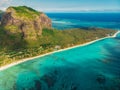 Tropical island with Le Morne mountain, blue ocean and beach in Mauritius. Aerial view Royalty Free Stock Photo