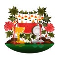 Tropical island with waterfalls, palms and fruits. Image for poster or game. Island for rest and relaxation.