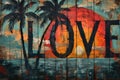 Tropical Island Love Street Art Mural, Valentines Day Greeting Card Artwork, Weathered Outdoor Palm Trees Painting, Romantic Words Royalty Free Stock Photo