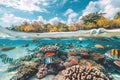 Tropical island of Maldives with underwater life, a view of a tropical island and a view under the sea with fish and corals Royalty Free Stock Photo