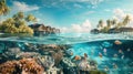 Tropical island of Maldives with underwater life, a view of a tropical island and a view under the sea with fish and corals Royalty Free Stock Photo