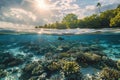 Tropical island of Maldives with underwater life, a view of a tropical island and a view under the sea with fish and corals Royalty Free Stock Photo