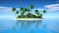 Tropical island in middle of ocean. Palm trees and trees on sandy beach in sea. Summer Paradise Bay, Royalty Free Stock Photo