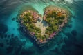 A tropical island in the middle of the ocean in the shape of heart. A place to relax. Generative AI Royalty Free Stock Photo