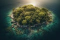 A tropical island in the middle of the ocean. Top view. Green palm trees and beach on the island. Generative AI