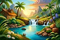 tropical island nature scene with palm trees and a hut or house with flowing water artwork. beautiful relaxing nature scenery with Royalty Free Stock Photo