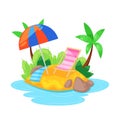 Tropical island in ocean with palm, beach under umbrella, sunbed. Royalty Free Stock Photo