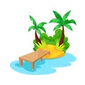 Tropical island in ocean with palm tree, beach with berth.