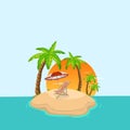 Tropical island in ocean with palm trees and sunbed. Sandy beach by sea. Rest at resort. vector illustration Royalty Free Stock Photo