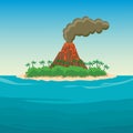 Tropical island in ocean with palm trees and volcano.