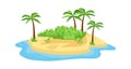 Tropical island in ocean. Small island with convenient sandy beach dense green shrubs center spreading palm trees along