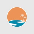 Tropical island with palm and sun. Sunset on evening beach. Emblem of summer vacation with reclining chair and umbrella on island.