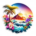 Tropical island with palm tree and flowers. Vector illustration. generative AI Royalty Free Stock Photo