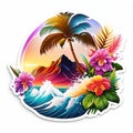 Tropical island with palm tree and flowers on a white background Generative AI Royalty Free Stock Photo