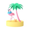 Tropical island with palm tree and funny pink flamingo isolated on white. Cclipping path included Royalty Free Stock Photo