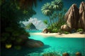 a tropical island with palm trees and a beach with rocks and water and a few fish swimming in the water