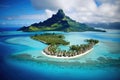 Tropical island with palm trees and blue lagoon. 3d render, Bora bora aerial view, tahiti french polynesia, AI Generated