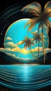 Tropical island with palm trees at night. Summer background with palm trees, sun and sea. Royalty Free Stock Photo