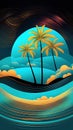 Tropical island with palm trees at night. Summer background with palm trees, sun and sea. Royalty Free Stock Photo