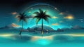 Tropical island with palm trees at night. Summer background with palm trees, sun and sea. Royalty Free Stock Photo