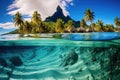 Tropical island with palm trees underwater, panoramic view, Bora Bora landscape, AI Generated