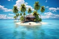 Tropical island with palms, beach and bungalow surrounded blue water, generative AI Royalty Free Stock Photo