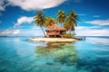 Tropical island with palms, beach and bungalow surrounded blue water, generative AI Royalty Free Stock Photo