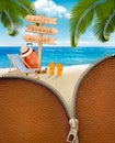 Tropical island with palms, a beach chair and a suitcase. Royalty Free Stock Photo