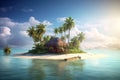 Tropical island with palms, beach and lone hut surrounded blue water, generative AI