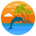 Tropical island, palms, dolphin. Summer Banners with marine symbols. Vector illustration. Tropical sunset. I love summer concept.