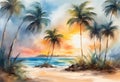 Tropical island with palms and ocean waves at sunset, watercolor abstract art landscape Royalty Free Stock Photo