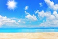 Tropical island paradise beach, blue sea water, turquoise ocean, sand, sun sky white clouds, summer holidays, vacation, travel Royalty Free Stock Photo