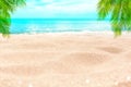 Tropical island paradise beach, green palm tree leaf, sand, blue sea water turquoise ocean, summer holidays, vacation, travel Royalty Free Stock Photo