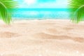 Tropical island paradise beach, green palm tree leaf, sand, blue sea water turquoise ocean, summer holidays, vacation, travel Royalty Free Stock Photo