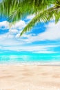 Tropical island paradise beach, green palm tree leaf, sand, blue sea water turquoise ocean, summer holidays, vacation, travel Royalty Free Stock Photo